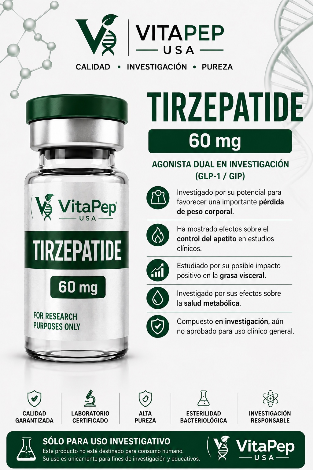 Ficha VitaPep USA de Tirzepatide, 60 mg